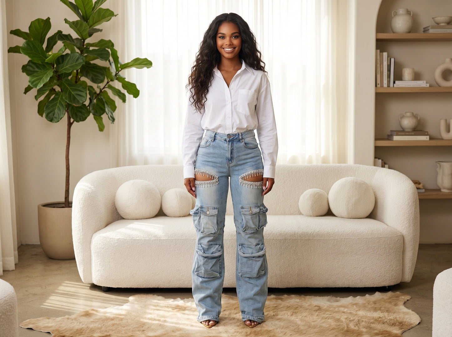 Women Cutout Diamonds Crystal Hollow Out Straight Denim Pants 2024 Fall Multi Pocket High Waist Wide Leg Jeans Trousers