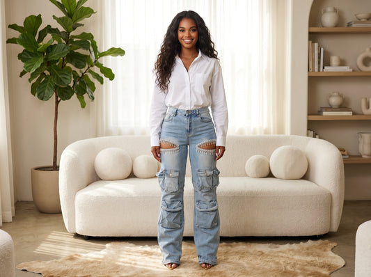 Women Cutout Diamonds Crystal Hollow Out Straight Denim Pants 2024 Fall Multi Pocket High Waist Wide Leg Jeans Trousers