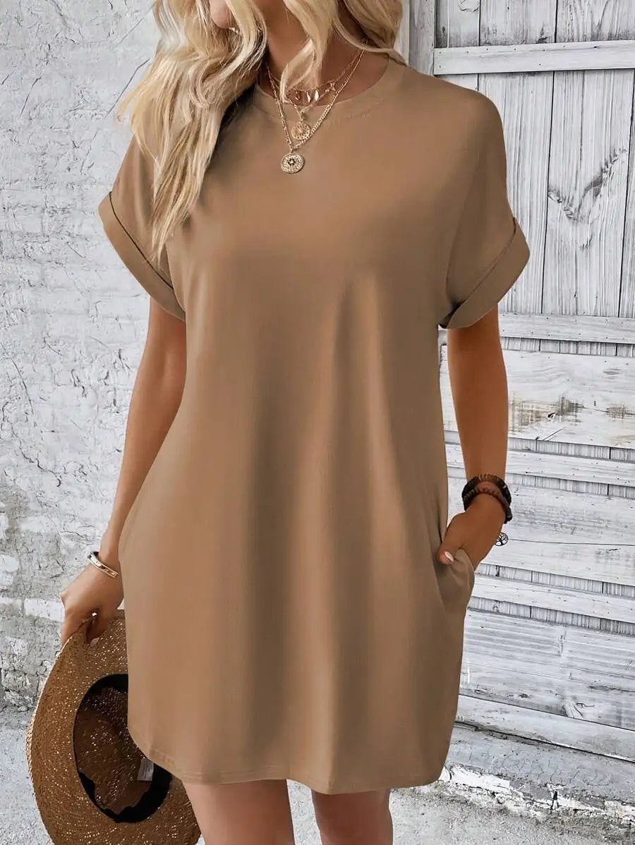 Beige Solid Batwing Sleeve Loose Mini Dress for Casual Summer Wear