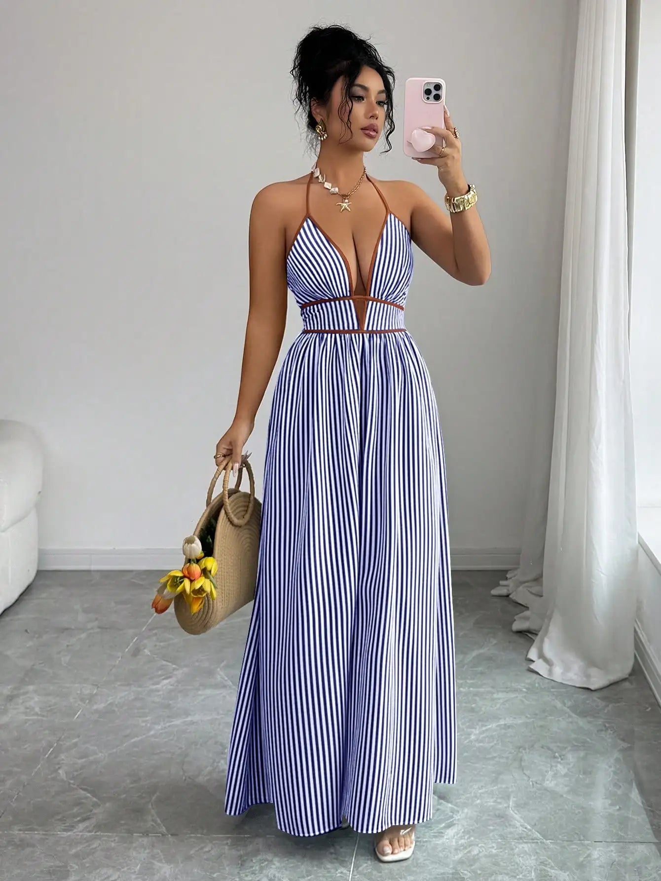 Women's Striped Plunging Halter Maxi Dress Beach Vacation Style