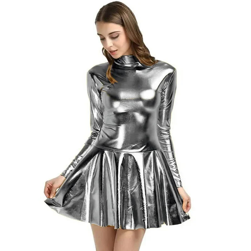 17 Colors Women Fashion Style Mini Dress Turtleneck Long Sleeve Vestido A-Line Pleated Hem Dress Night Party Dancing Clubwear