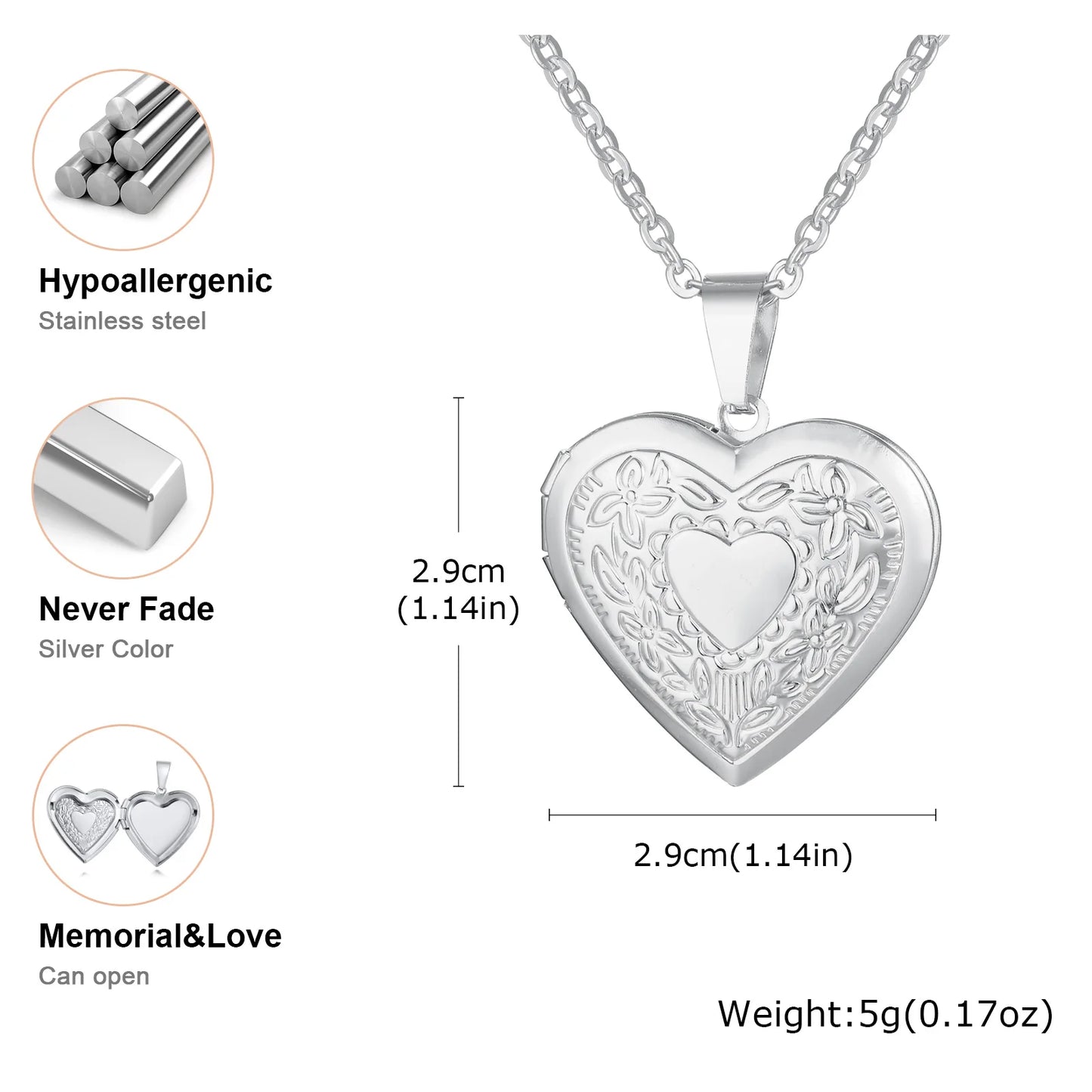 Light Heart Locket Pendants for Women Men Openable Photo Frame Glossy Stainless Steel Necklaces Family Love Collar