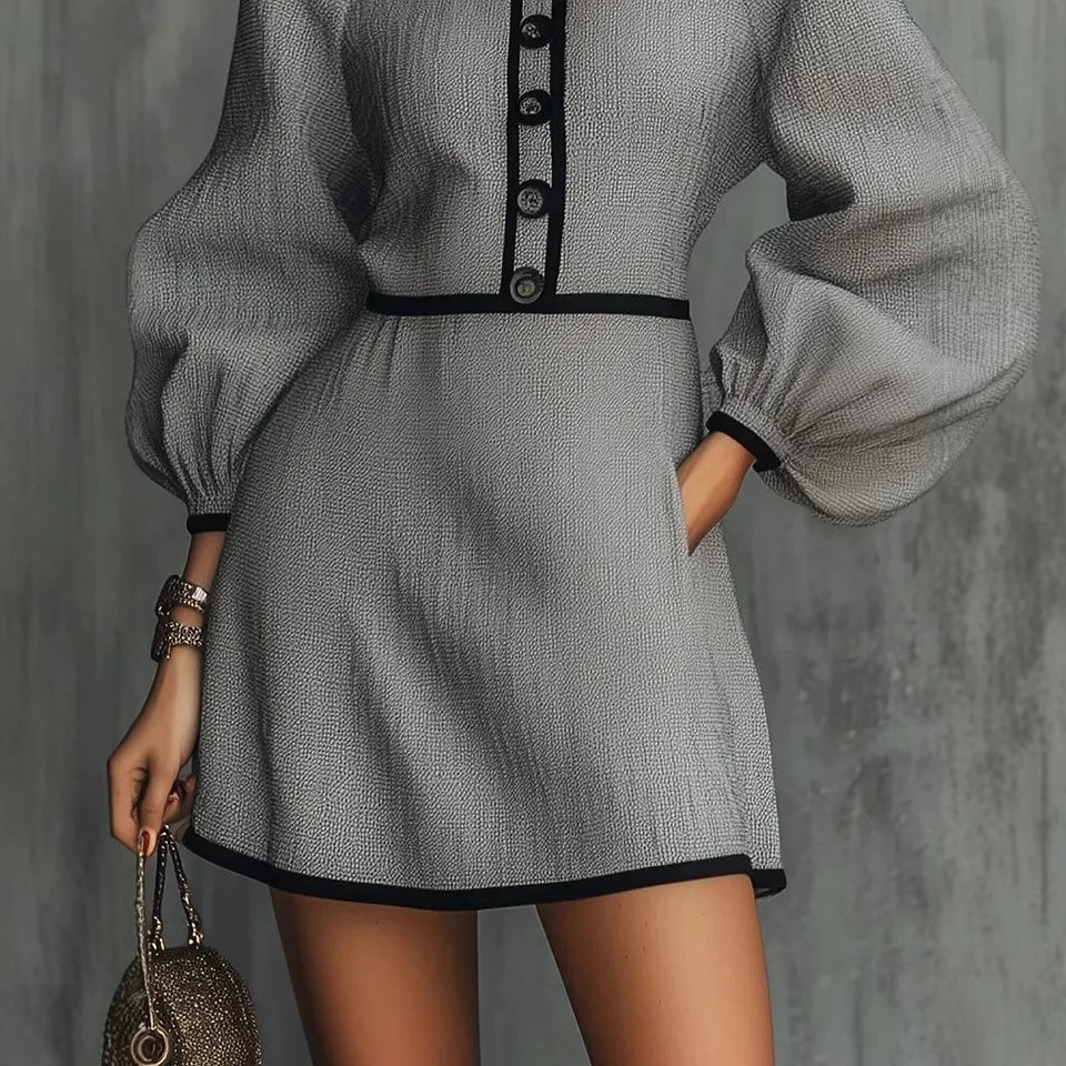 2026 Slim Mini Dress Women's Elegant Lantern Sleeve Round Neck Button-Down Dress Spring Fall Office Commuting A-Line Dress