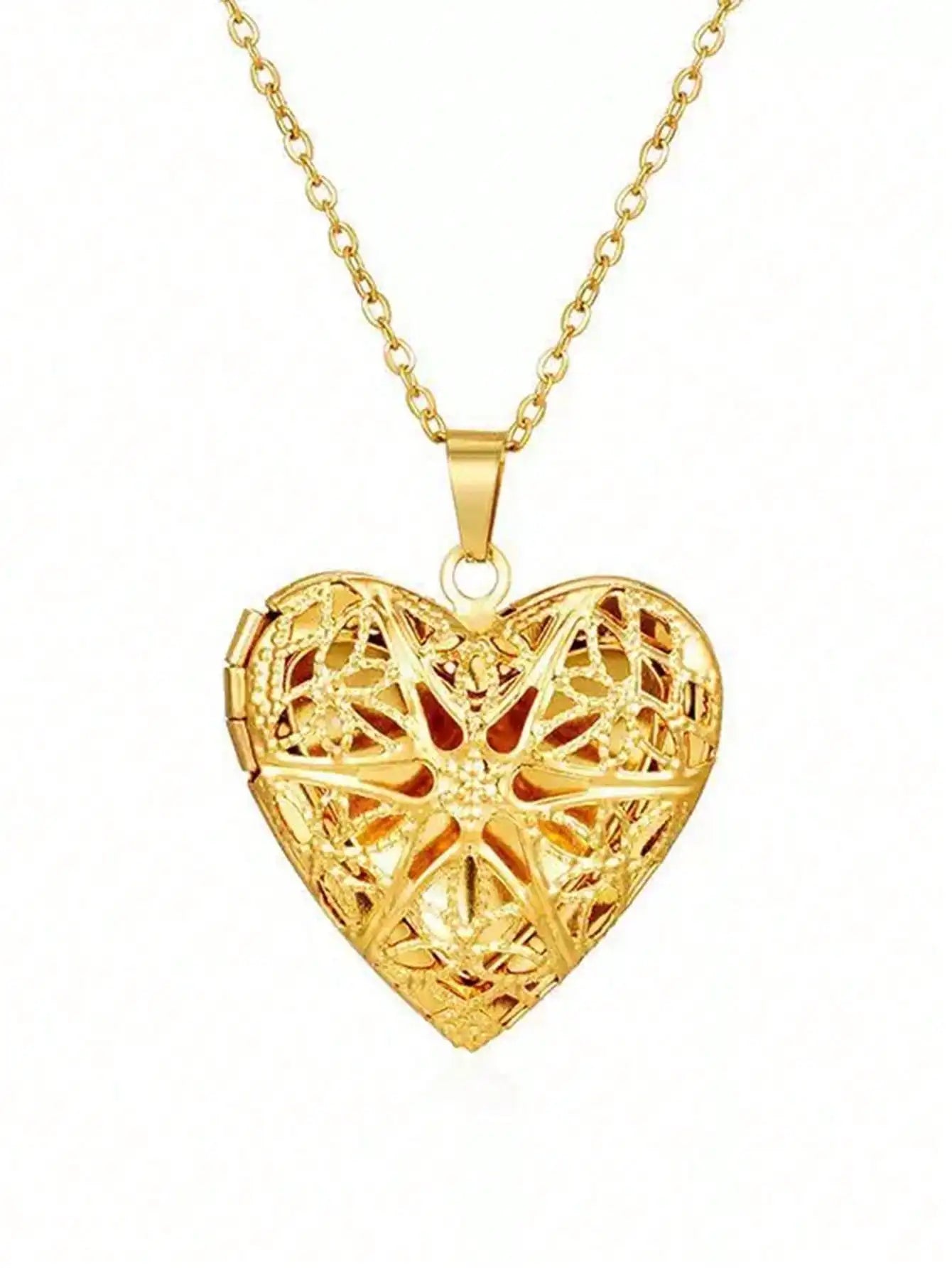 Gold Tone Vintage Locket Pendant Necklace with Heart & Oval Designs