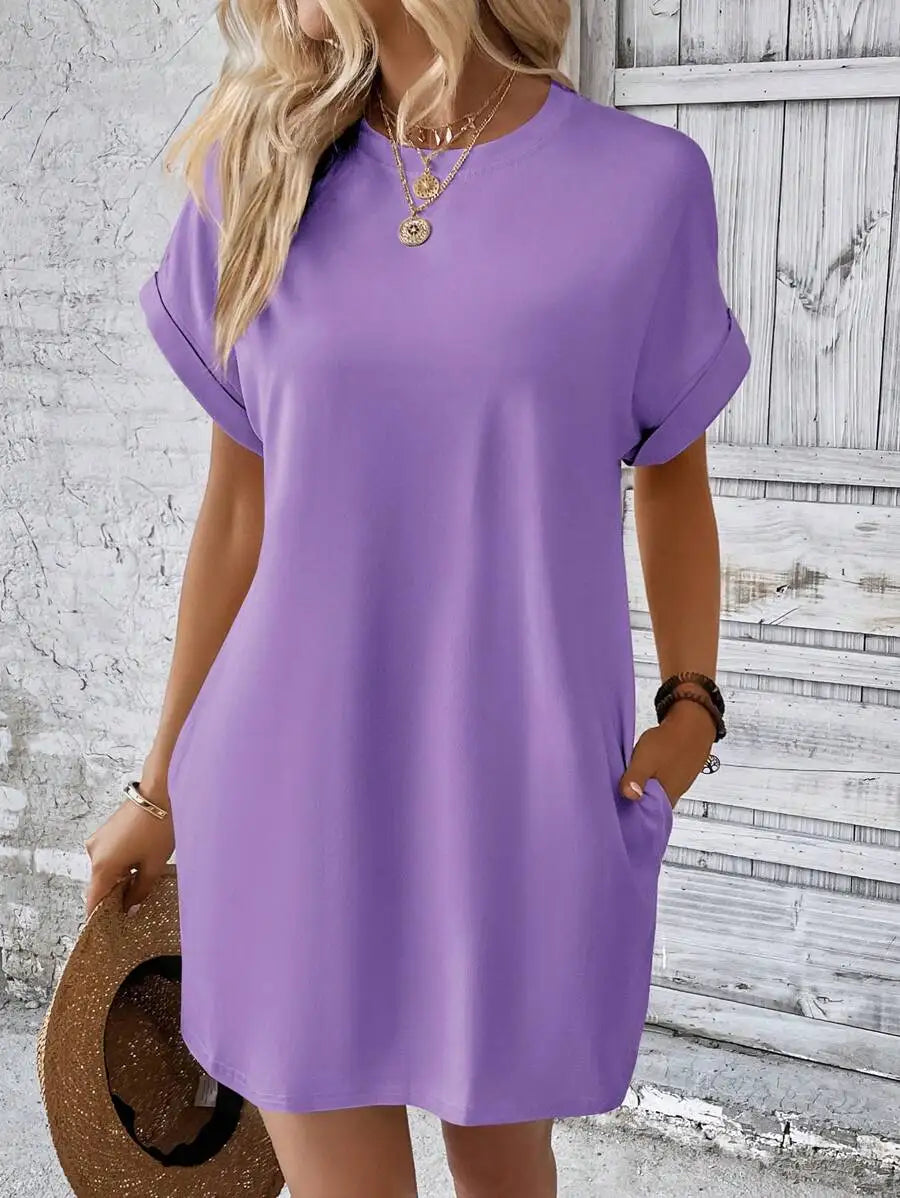 Beige Solid Batwing Sleeve Loose Mini Dress for Casual Summer Wear