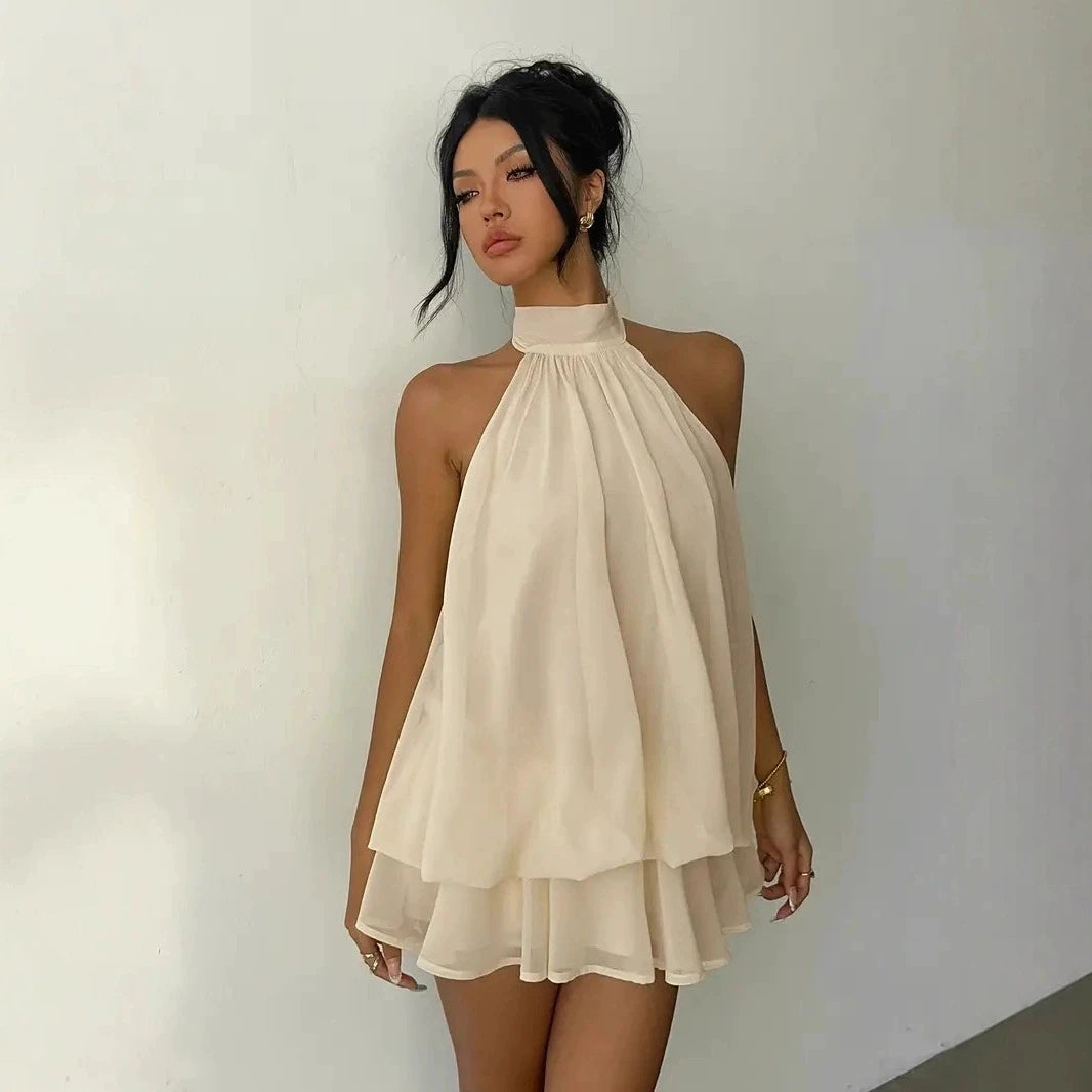 2026 Spring Summer Dress Sexy Backless neck hanging shoulder seaside vacation Sweet girl loose temperament Ruffle Mini Dress
