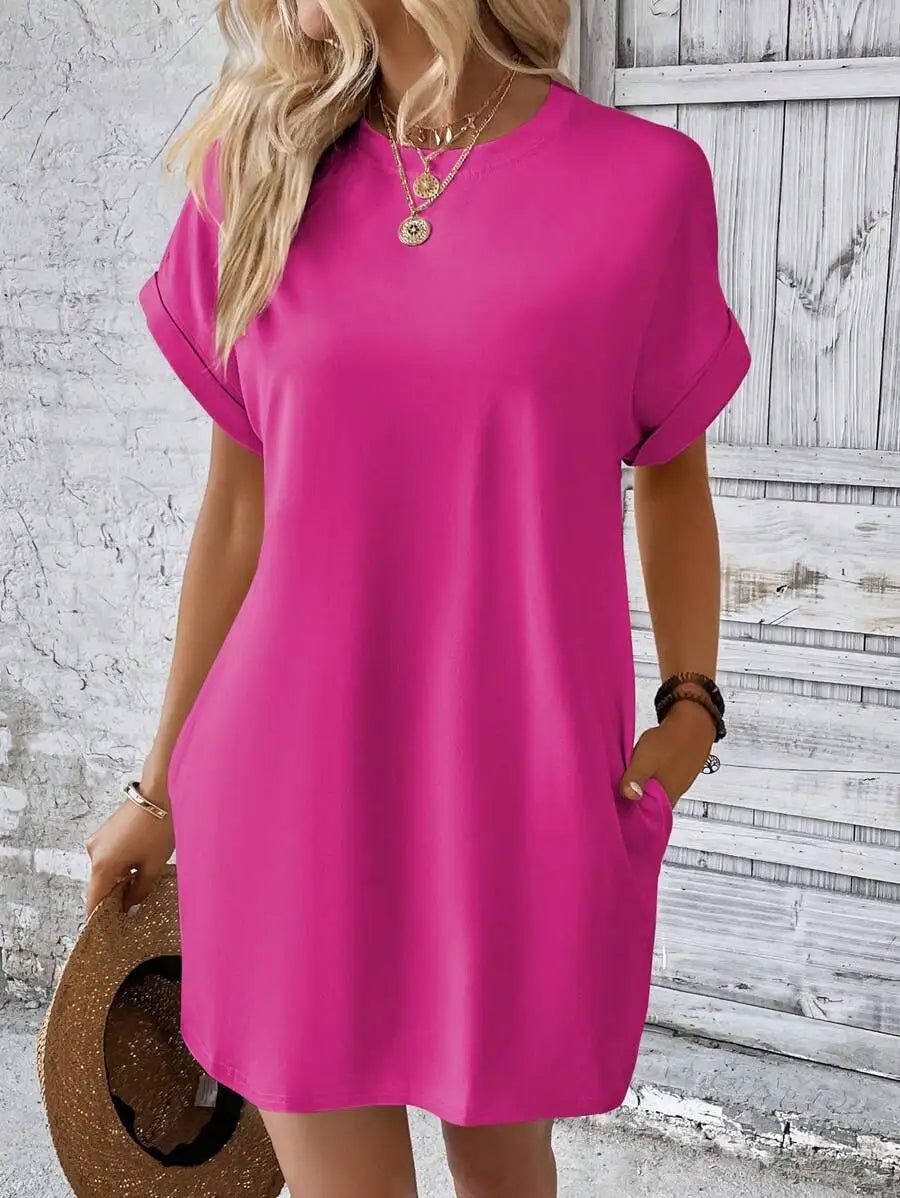 Beige Solid Batwing Sleeve Loose Mini Dress for Casual Summer Wear
