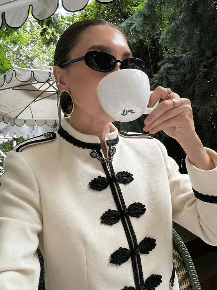 Retro Napoleon Jacket Women Fashion Panelled Mandarin Collar Button Slim Coats Lady 2026 Spring Autumn New In Outerwears