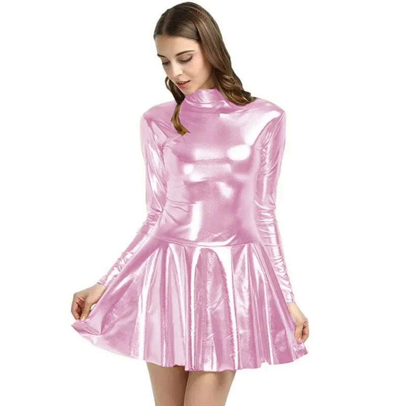 17 Colors Women Fashion Style Mini Dress Turtleneck Long Sleeve Vestido A-Line Pleated Hem Dress Night Party Dancing Clubwear