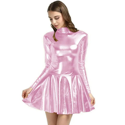 17 Colors Women Fashion Style Mini Dress Turtleneck Long Sleeve Vestido A-Line Pleated Hem Dress Night Party Dancing Clubwear