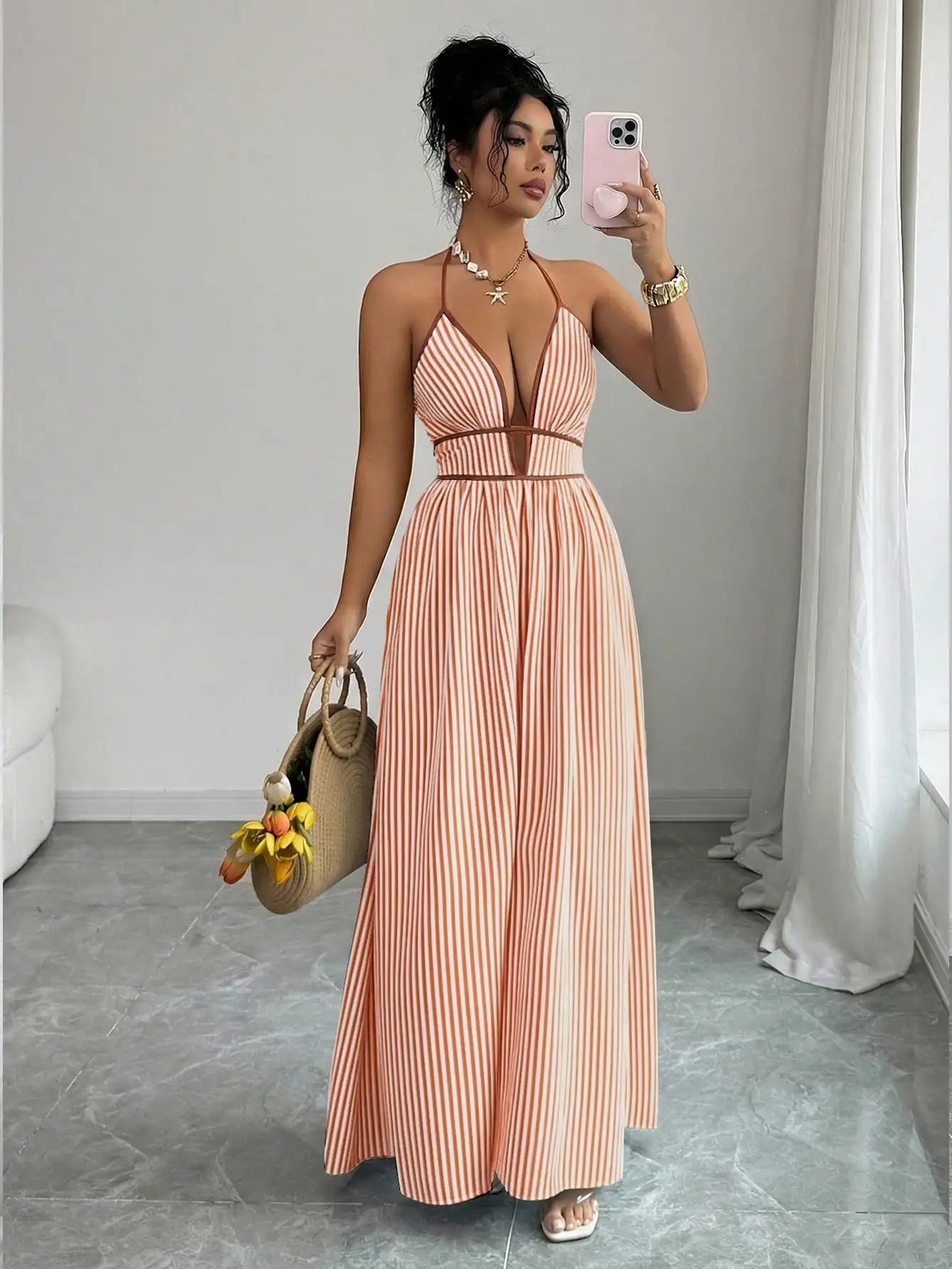 Women's Striped Plunging Halter Maxi Dress Beach Vacation Style