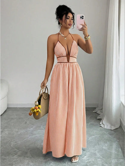 Women's Striped Plunging Halter Maxi Dress Beach Vacation Style