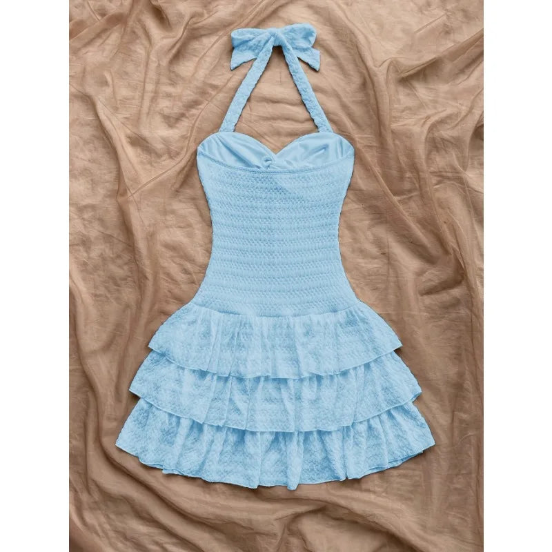 Women Sweet Mini Dress Halter Gingham Bow Button Front Lace Ruffle Hem Slim Fit Suit Solid Color Bow Lolita Picnic Summer Outfit