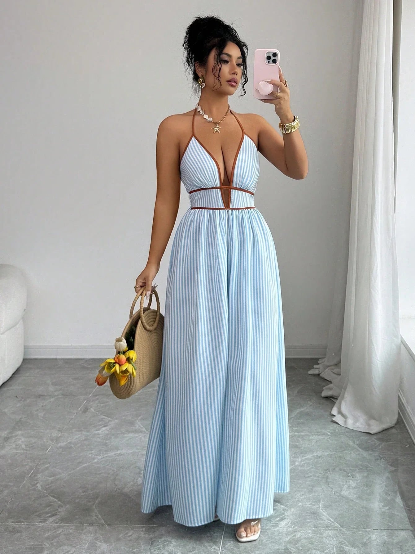 Women's Striped Plunging Halter Maxi Dress Beach Vacation Style