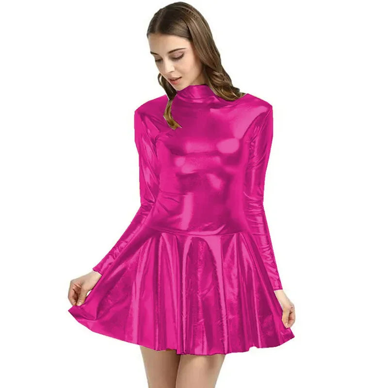 17 Colors Women Fashion Style Mini Dress Turtleneck Long Sleeve Vestido A-Line Pleated Hem Dress Night Party Dancing Clubwear