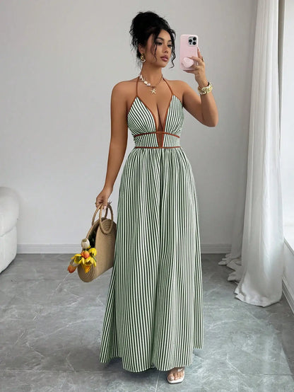Women's Striped Plunging Halter Maxi Dress Beach Vacation Style