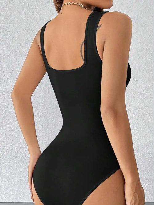 Black Solid Wide Strap Stretch Bodysuit for Women