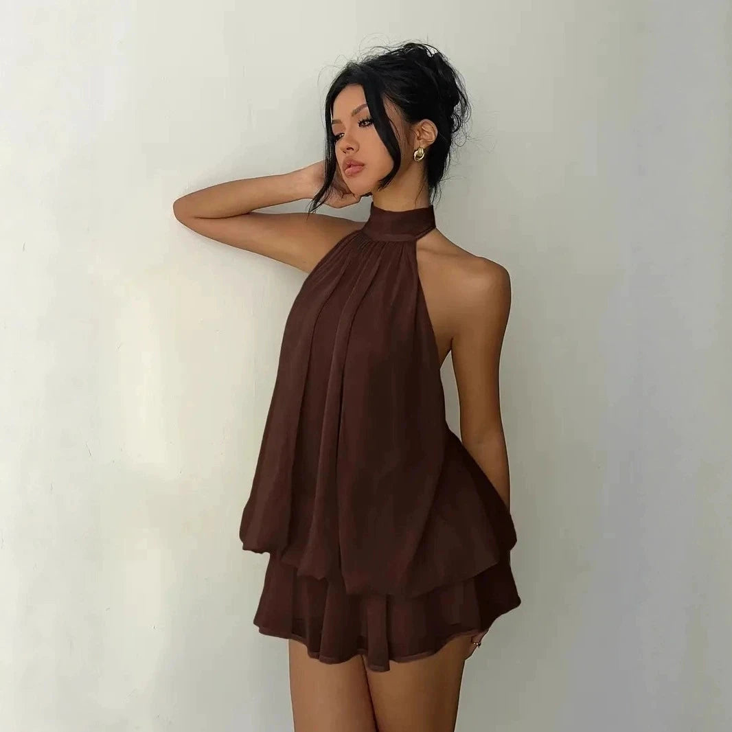 2026 Spring Summer Dress Sexy Backless neck hanging shoulder seaside vacation Sweet girl loose temperament Ruffle Mini Dress