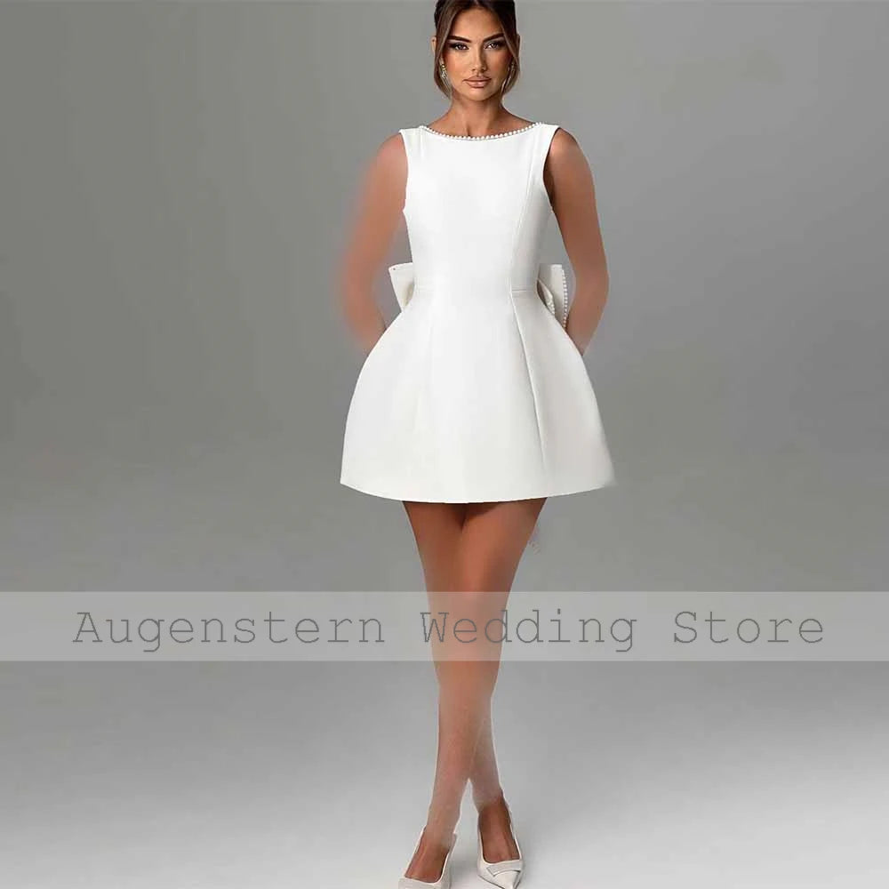 Mini SEXY Wedding Dresses Satin A-line Wedding Party Dress White O-Neck Pearls Bow Backless Zipper Short Wedding Dress 2025
