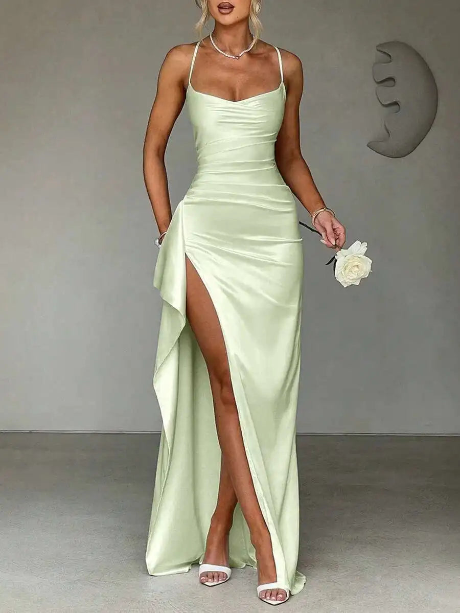 Navy Blue Satin Slip Dress with High Slit and Ruched Waist