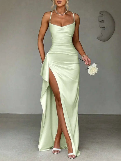 Navy Blue Satin Slip Dress with High Slit and Ruched Waist