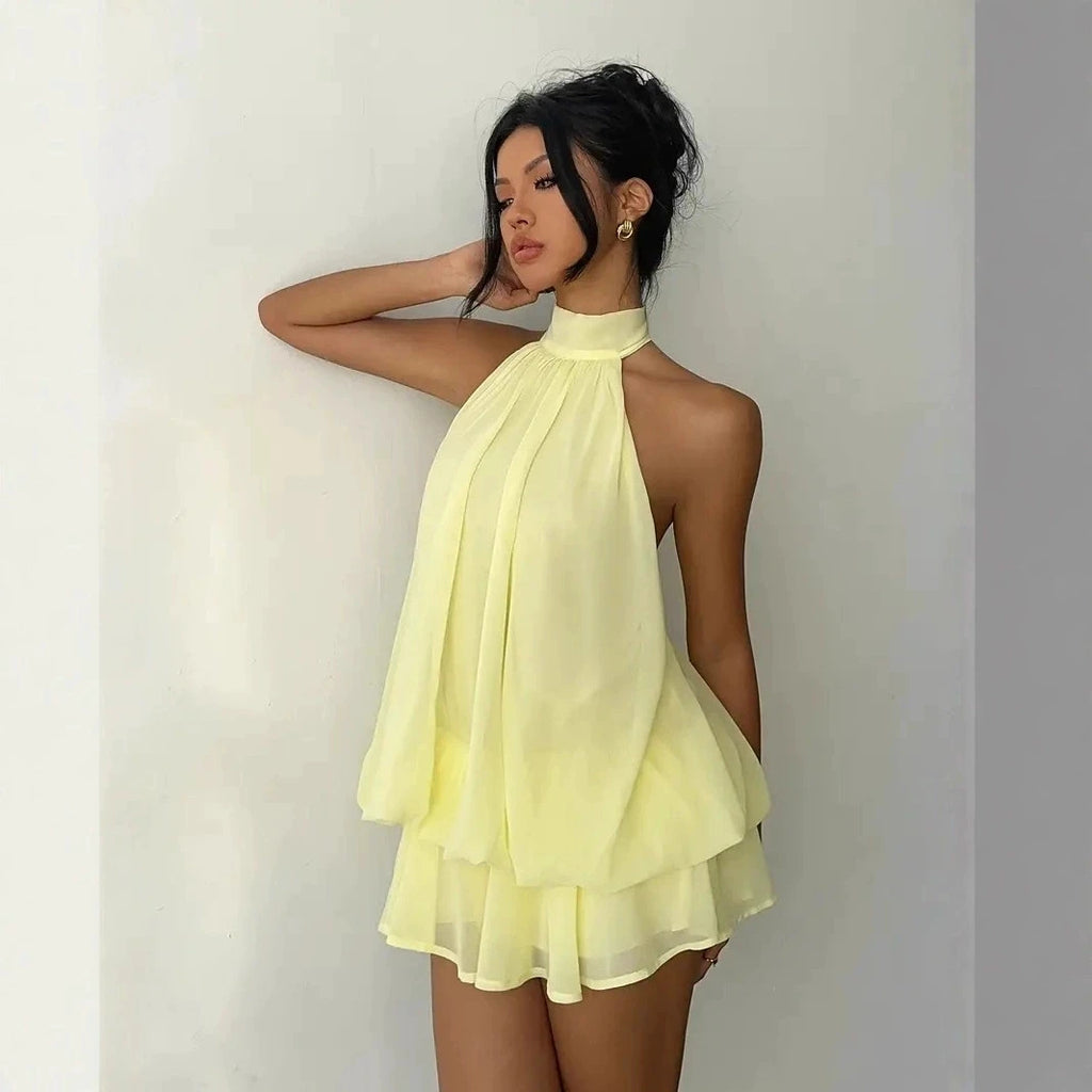 2026 Spring Summer Dress Sexy Backless neck hanging shoulder seaside vacation Sweet girl loose temperament Ruffle Mini Dress