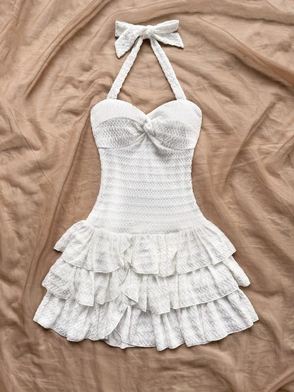 Women Sweet Mini Dress Halter Gingham Bow Button Front Lace Ruffle Hem Slim Fit Suit Solid Color Bow Lolita Picnic Summer Outfit