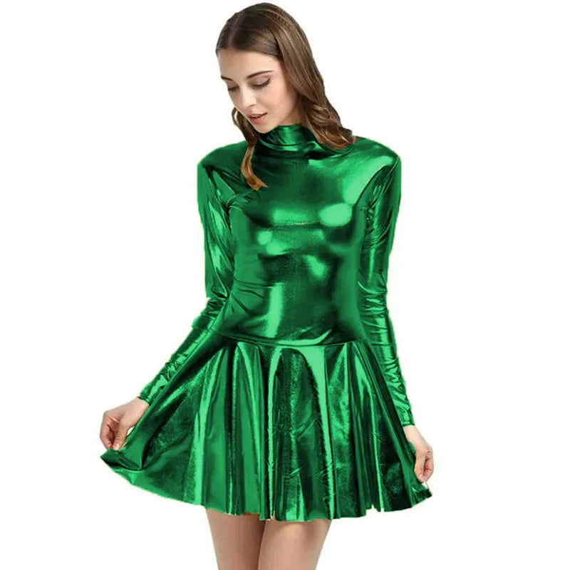 17 Colors Women Fashion Style Mini Dress Turtleneck Long Sleeve Vestido A-Line Pleated Hem Dress Night Party Dancing Clubwear