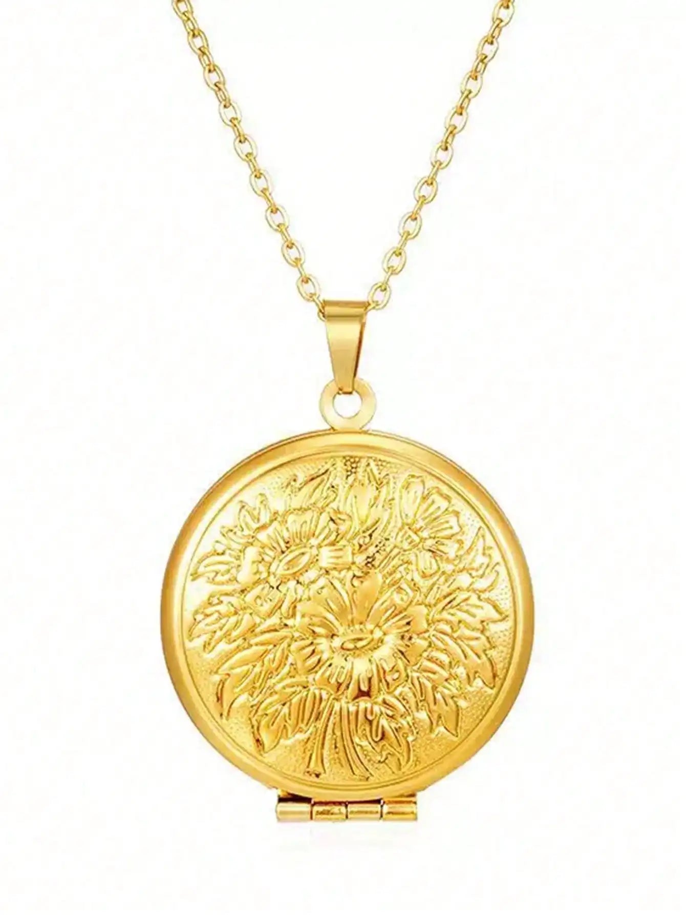 Gold Tone Vintage Locket Pendant Necklace with Heart & Oval Designs