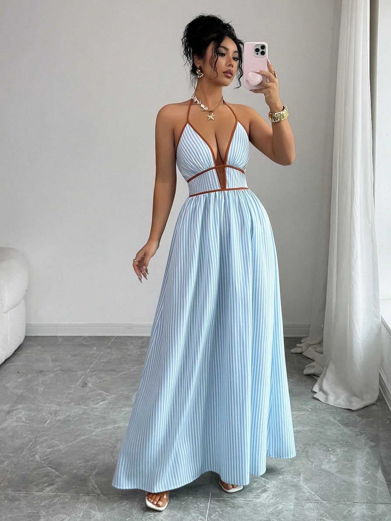 Women's Striped Plunging Halter Maxi Dress Beach Vacation Style