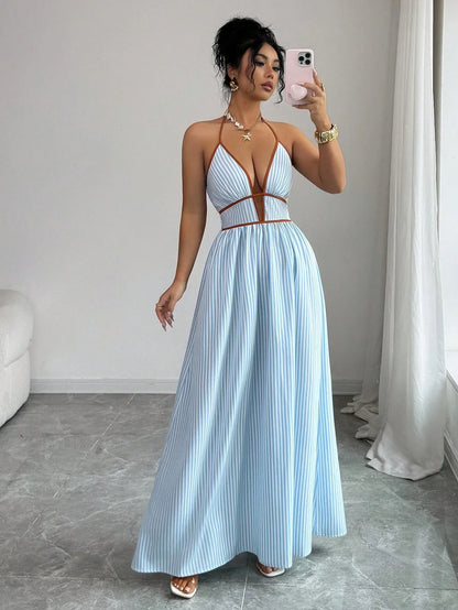Women's Striped Plunging Halter Maxi Dress Beach Vacation Style