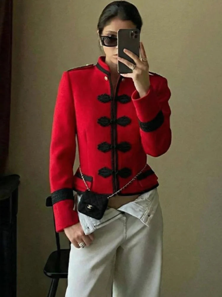 Retro Napoleon Jacket Women Fashion Panelled Mandarin Collar Button Slim Coats Lady 2026 Spring Autumn New In Outerwears
