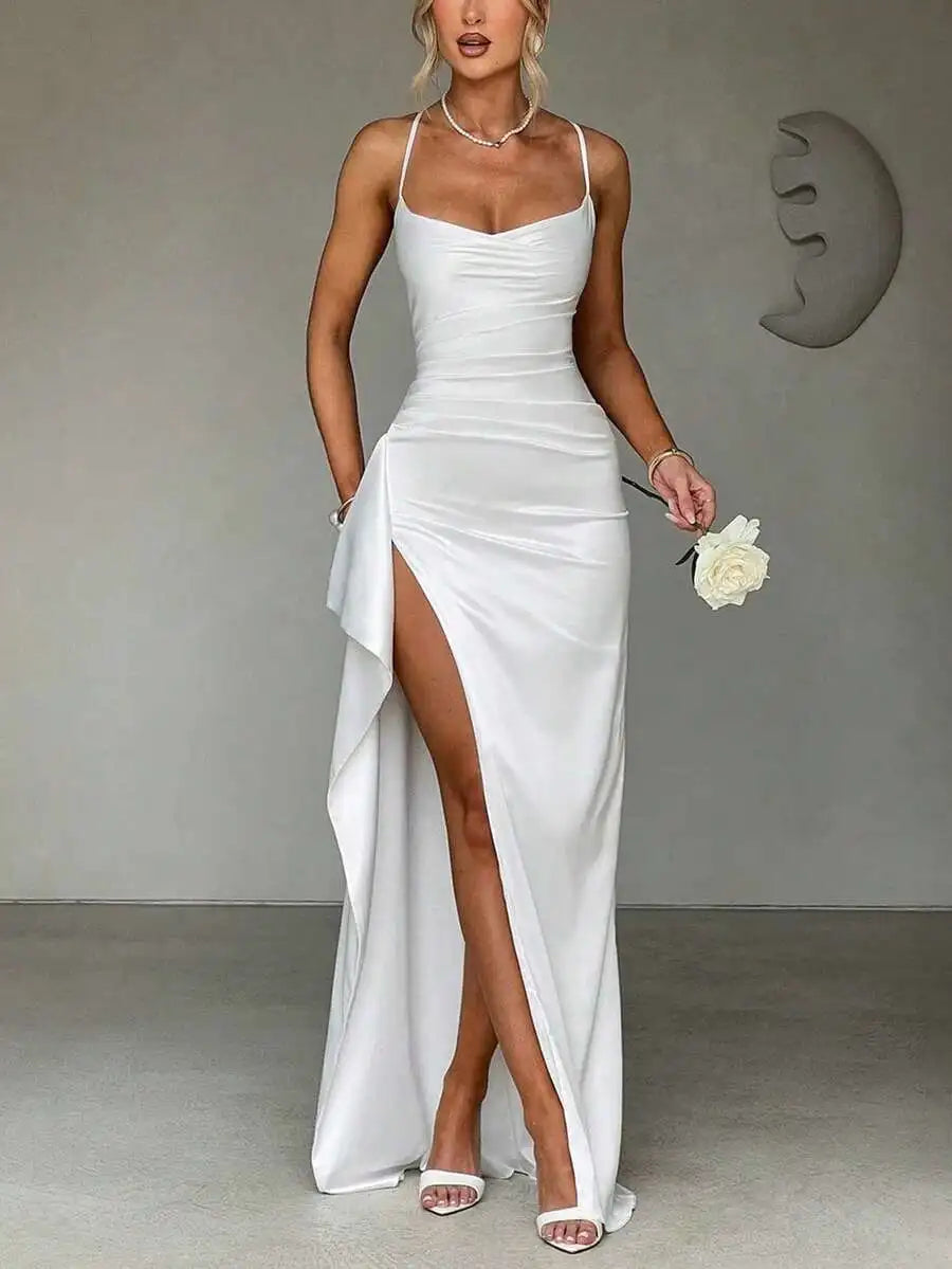 Navy Blue Satin Slip Dress with High Slit and Ruched Waist