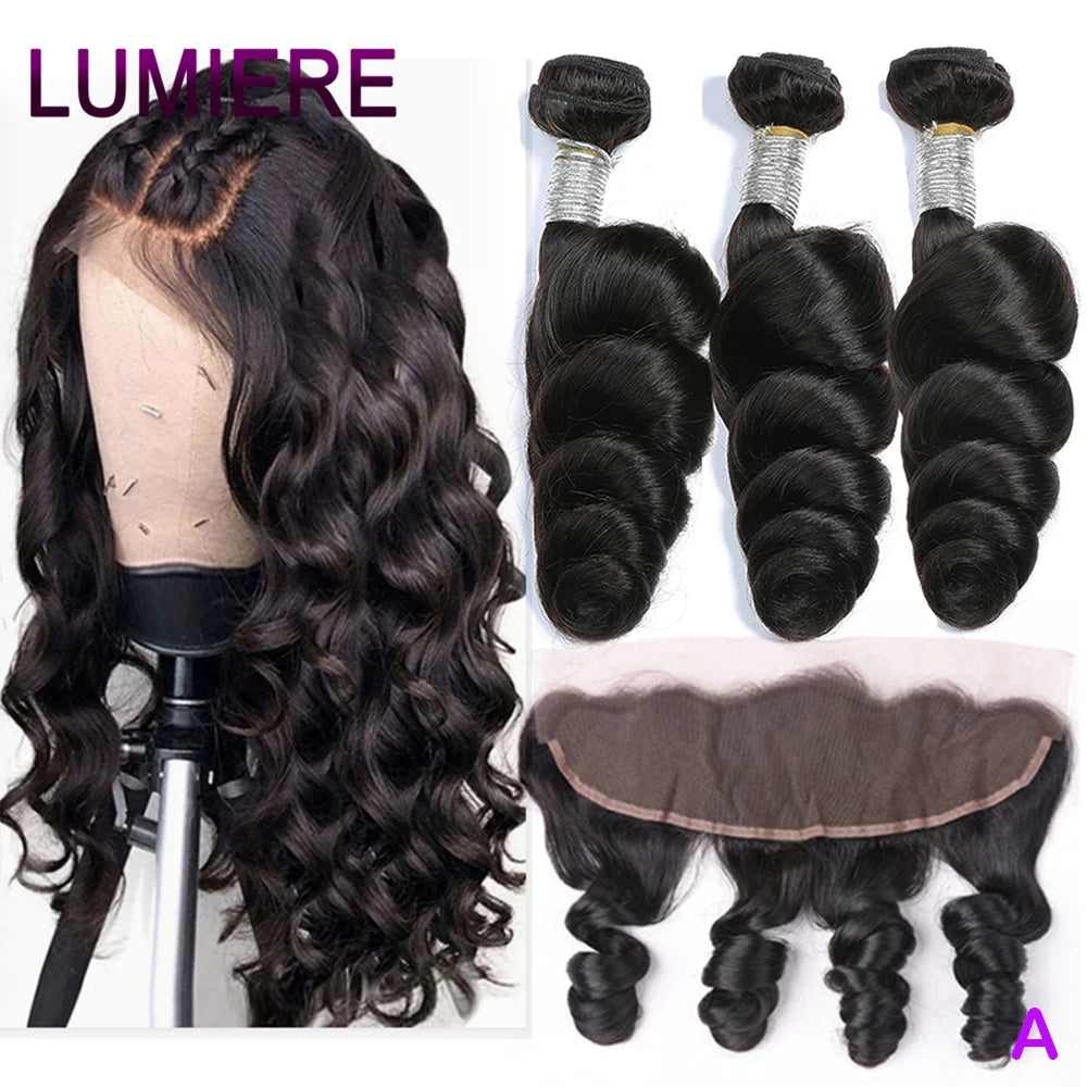 Loose Deep Wave Bundle With Closure Frontal HD Transparent Lace And Closure Virgin Raw Curly Human Hair Bundle Deal Hair Extensi