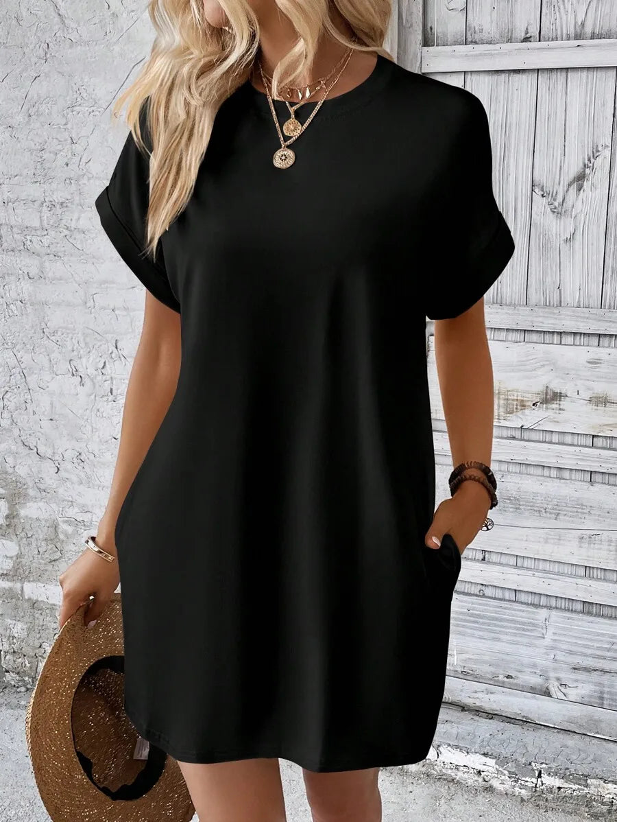 Beige Solid Batwing Sleeve Loose Mini Dress for Casual Summer Wear