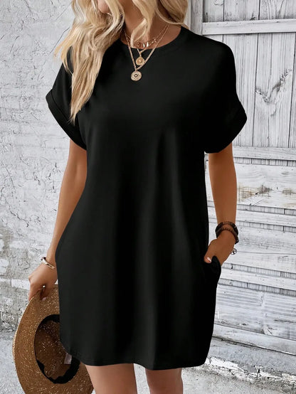 Beige Solid Batwing Sleeve Loose Mini Dress for Casual Summer Wear
