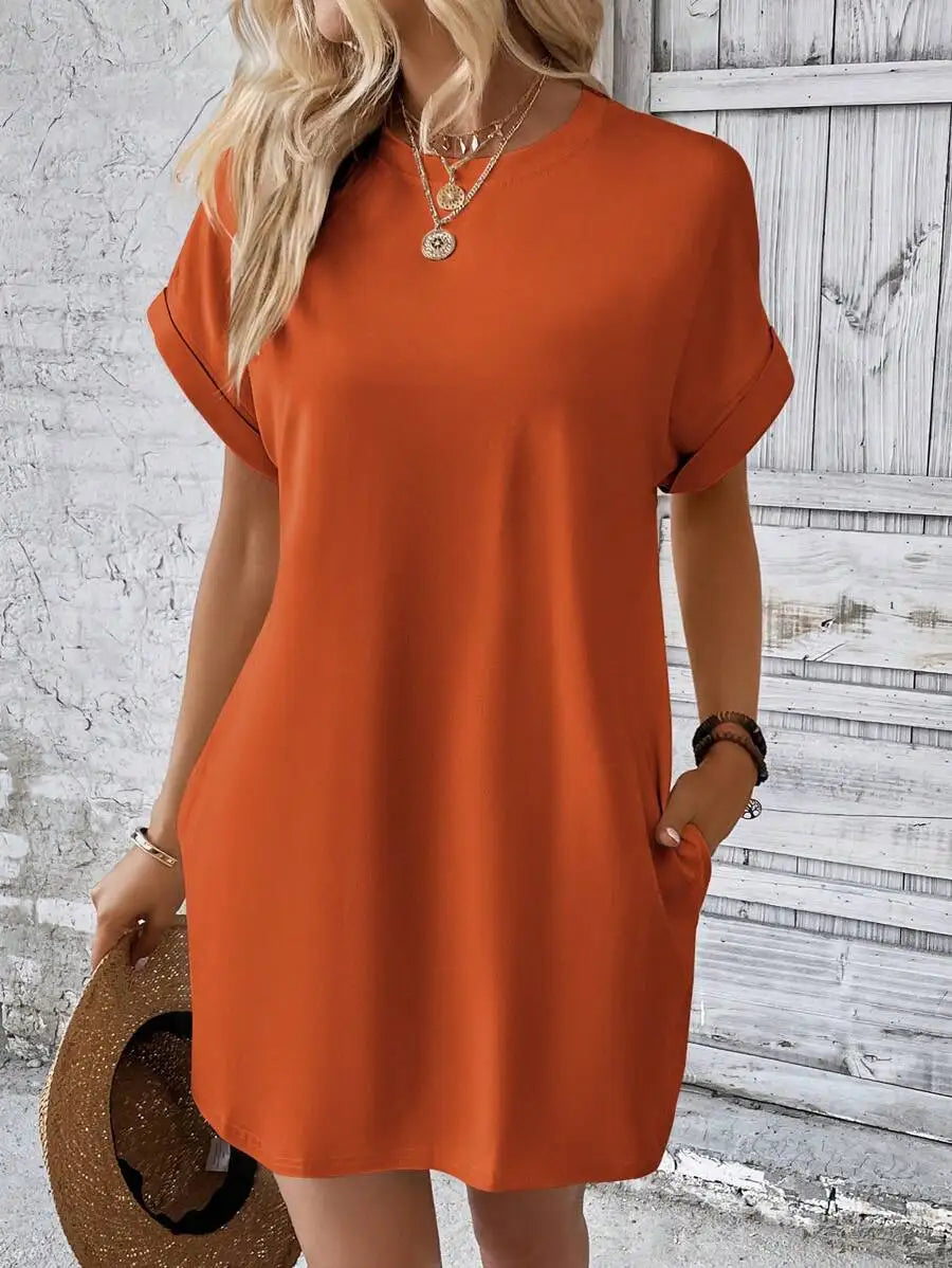 Beige Solid Batwing Sleeve Loose Mini Dress for Casual Summer Wear