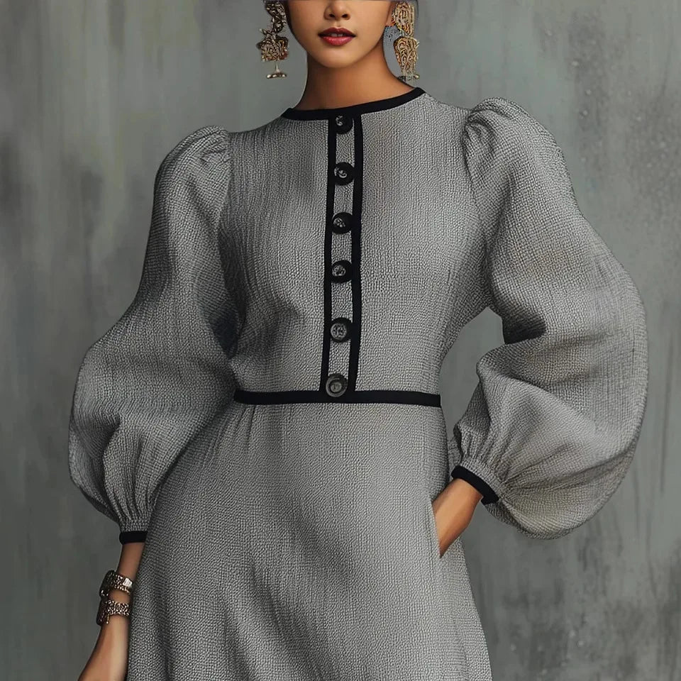 2026 Slim Mini Dress Women's Elegant Lantern Sleeve Round Neck Button-Down Dress Spring Fall Office Commuting A-Line Dress