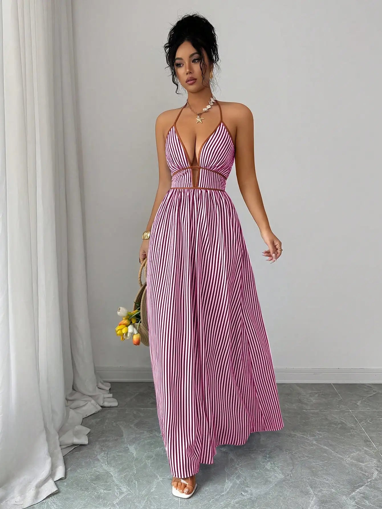 Women's Striped Plunging Halter Maxi Dress Beach Vacation Style
