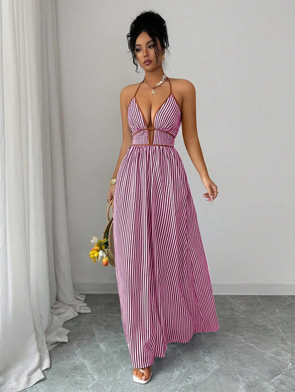 Women's Striped Plunging Halter Maxi Dress Beach Vacation Style