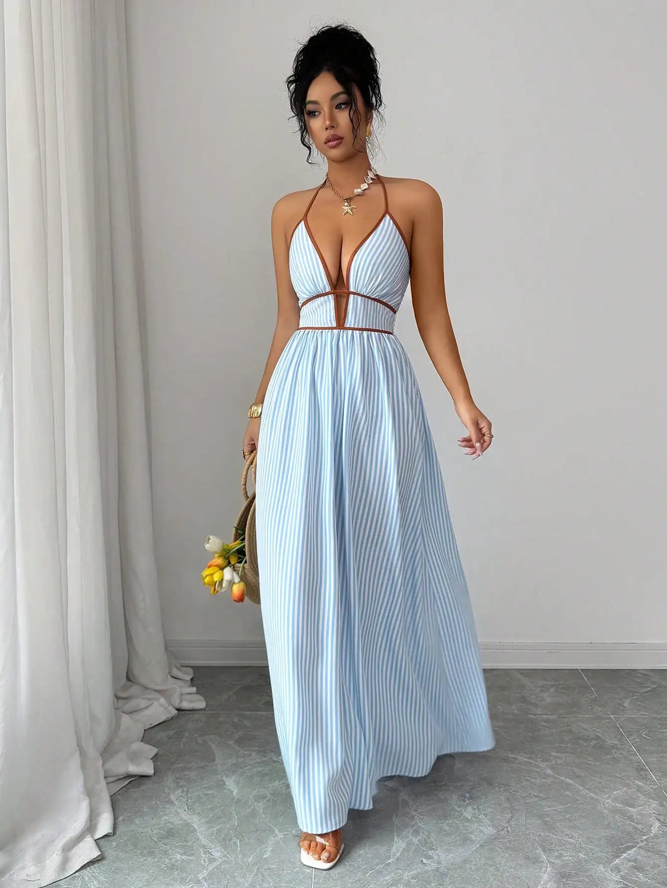 Women's Striped Plunging Halter Maxi Dress Beach Vacation Style