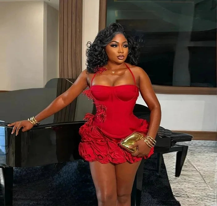 Mini Cocktail Dresses Halter Flowers Red Birthday Dress Homecoming Sexy Short Prom Wedding Party Gowns Black Girl Customized
