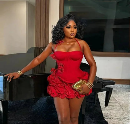 Mini Cocktail Dresses Halter Flowers Red Birthday Dress Homecoming Sexy Short Prom Wedding Party Gowns Black Girl Customized