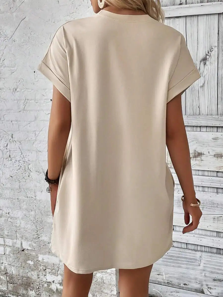 Beige Solid Batwing Sleeve Loose Mini Dress for Casual Summer Wear