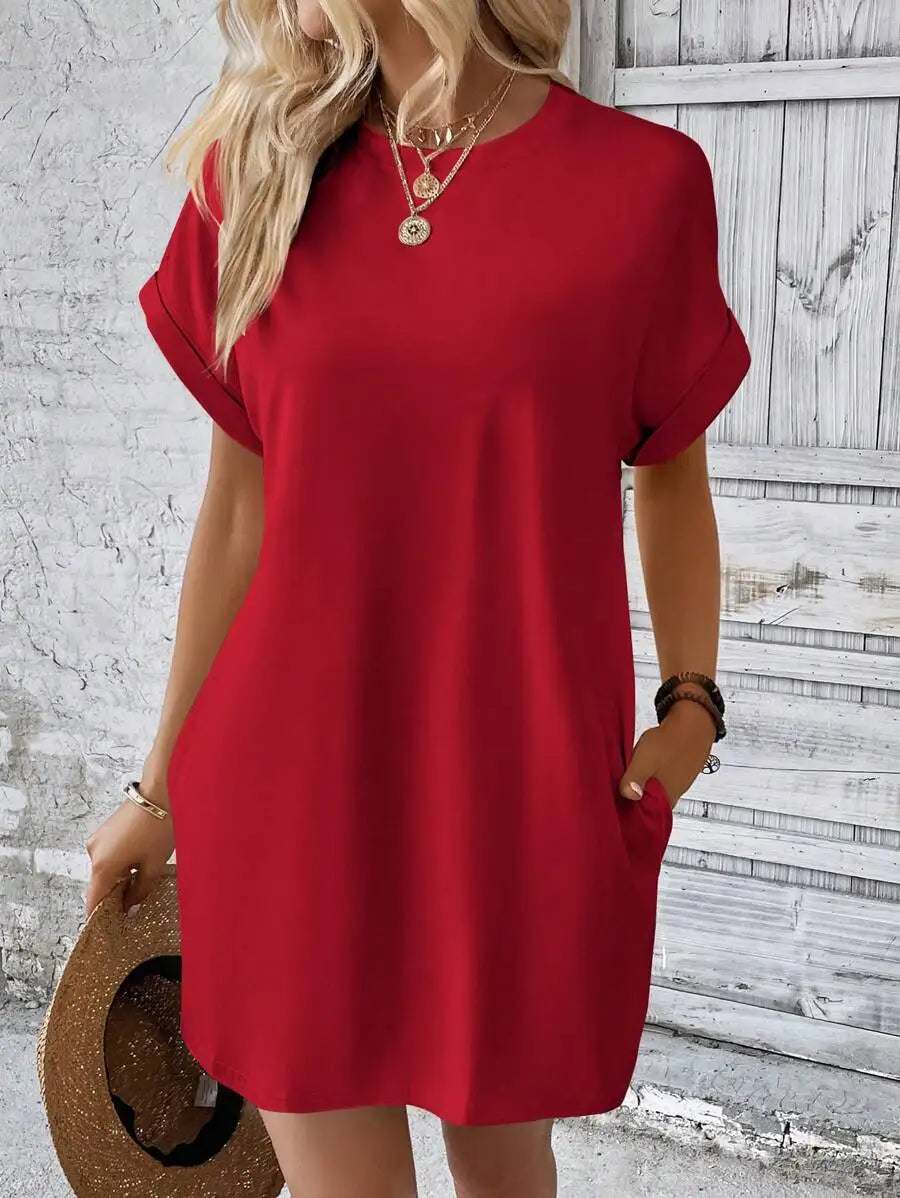 Beige Solid Batwing Sleeve Loose Mini Dress for Casual Summer Wear