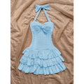 Women Sweet Mini Dress Halter Gingham Bow Button Front Lace Ruffle Hem Slim Fit Suit Solid Color Bow Lolita Picnic Summer Outfit