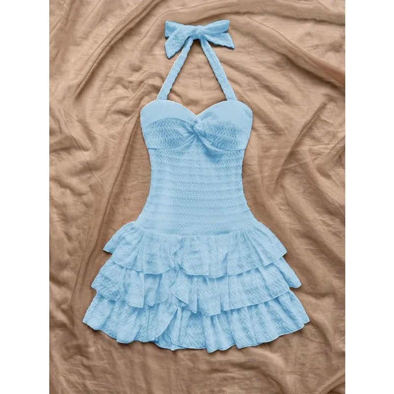 Women Sweet Mini Dress Halter Gingham Bow Button Front Lace Ruffle Hem Slim Fit Suit Solid Color Bow Lolita Picnic Summer Outfit