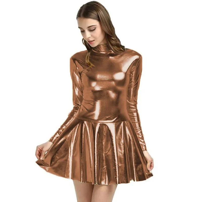 17 Colors Women Fashion Style Mini Dress Turtleneck Long Sleeve Vestido A-Line Pleated Hem Dress Night Party Dancing Clubwear