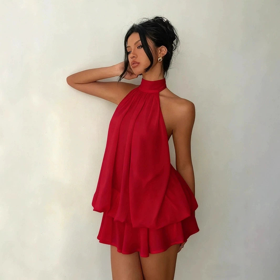 2026 Spring Summer Dress Sexy Backless neck hanging shoulder seaside vacation Sweet girl loose temperament Ruffle Mini Dress
