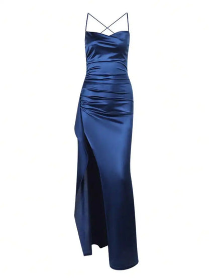 Navy Blue Satin Slip Dress with High Slit and Ruched Waist